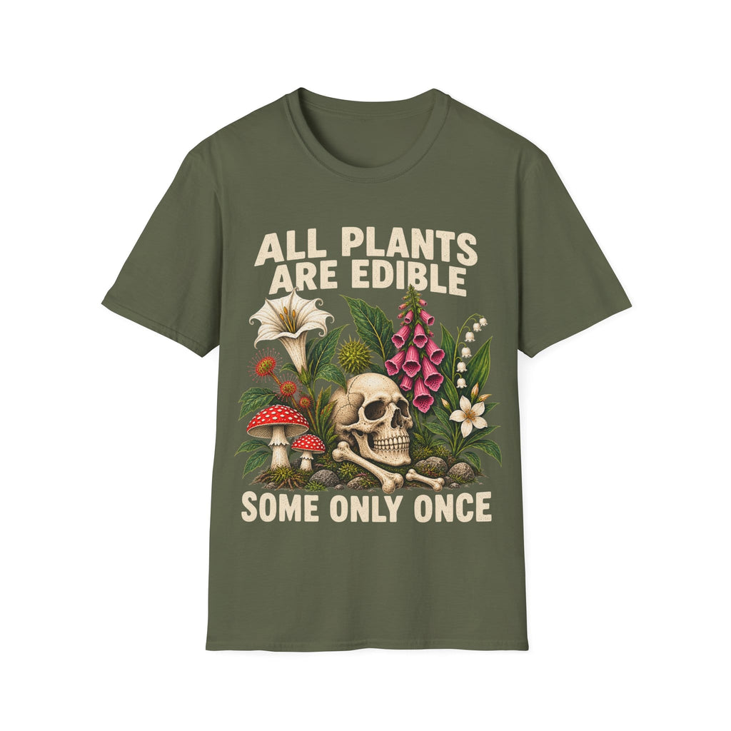 Detailed botanical illustration of toxic flora—including foxglove, lily of the valley, and fly agaric mushrooms—surrounding a human skull and bones, with bold text reading 'ALL PLANTS ARE EDIBLE... SOME ONLY ONCE'.