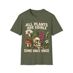 Detailed botanical illustration of toxic flora—including foxglove, lily of the valley, and fly agaric mushrooms—surrounding a human skull and bones, with bold text reading 'ALL PLANTS ARE EDIBLE... SOME ONLY ONCE'.
