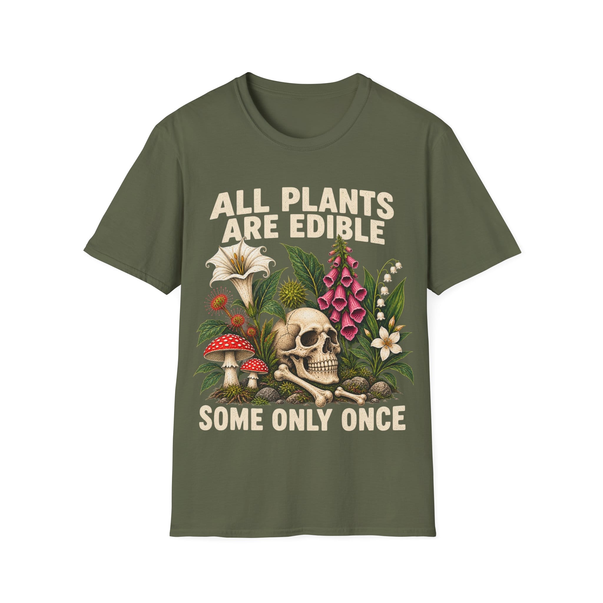 Detailed botanical illustration of toxic flora—including foxglove, lily of the valley, and fly agaric mushrooms—surrounding a human skull and bones, with bold text reading 'ALL PLANTS ARE EDIBLE... SOME ONLY ONCE'.