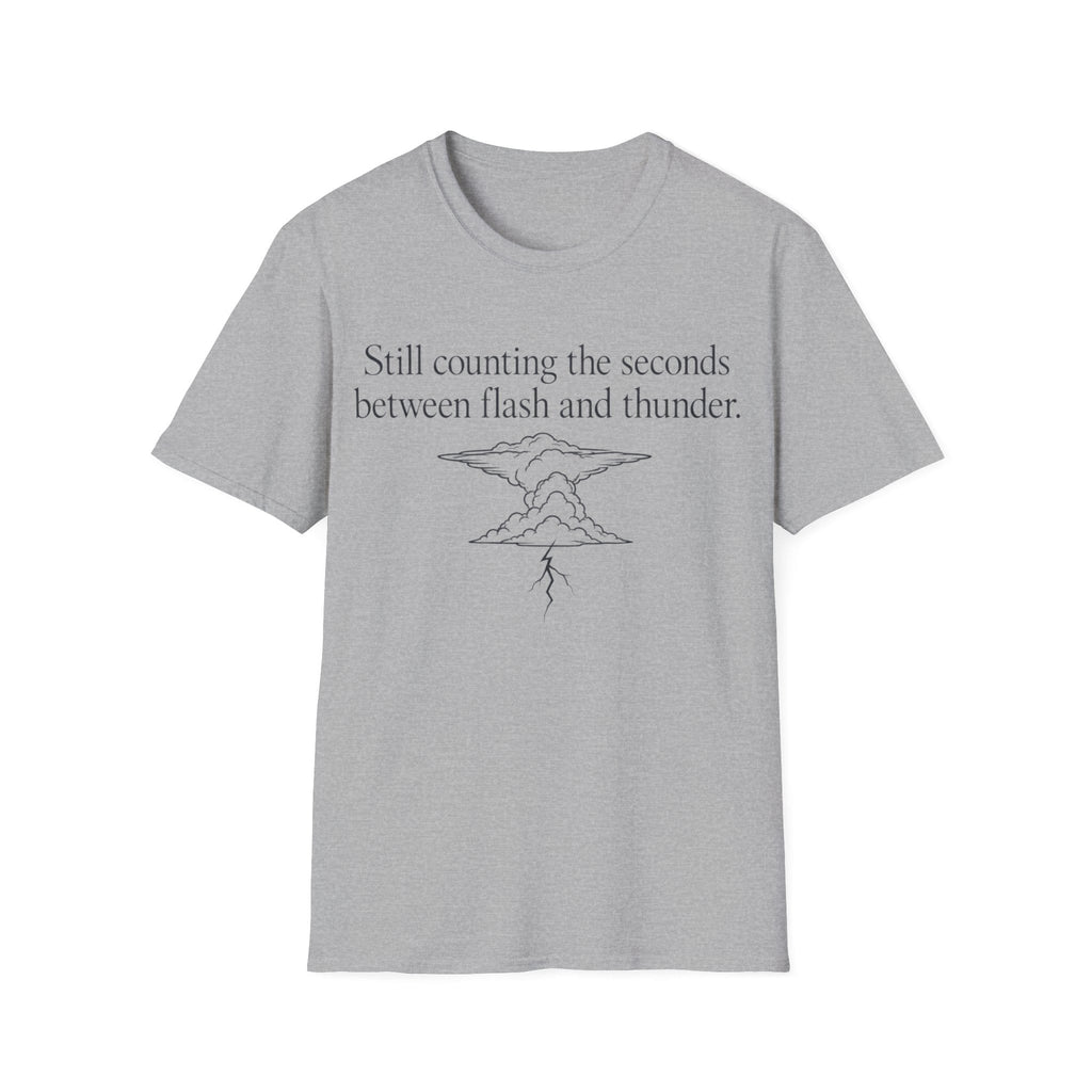 Minimalist serif text reading 'Still counting the seconds between flash and thunder.' positioned above a line art illustration of a storm cloud with a lightning bolt.