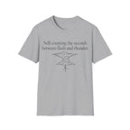 Minimalist serif text reading 'Still counting the seconds between flash and thunder.' positioned above a line art illustration of a storm cloud with a lightning bolt.