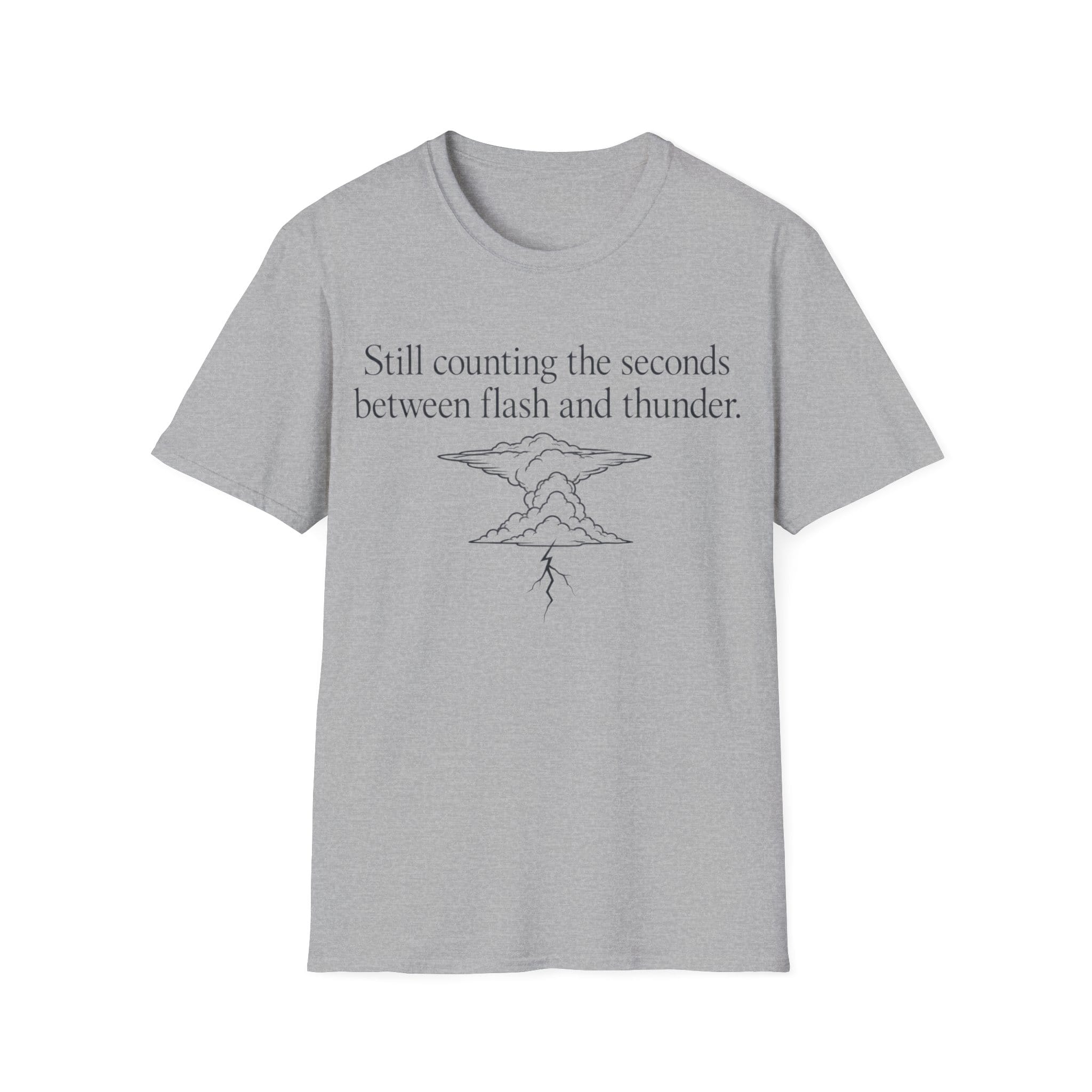 Minimalist serif text reading 'Still counting the seconds between flash and thunder.' positioned above a line art illustration of a storm cloud with a lightning bolt.