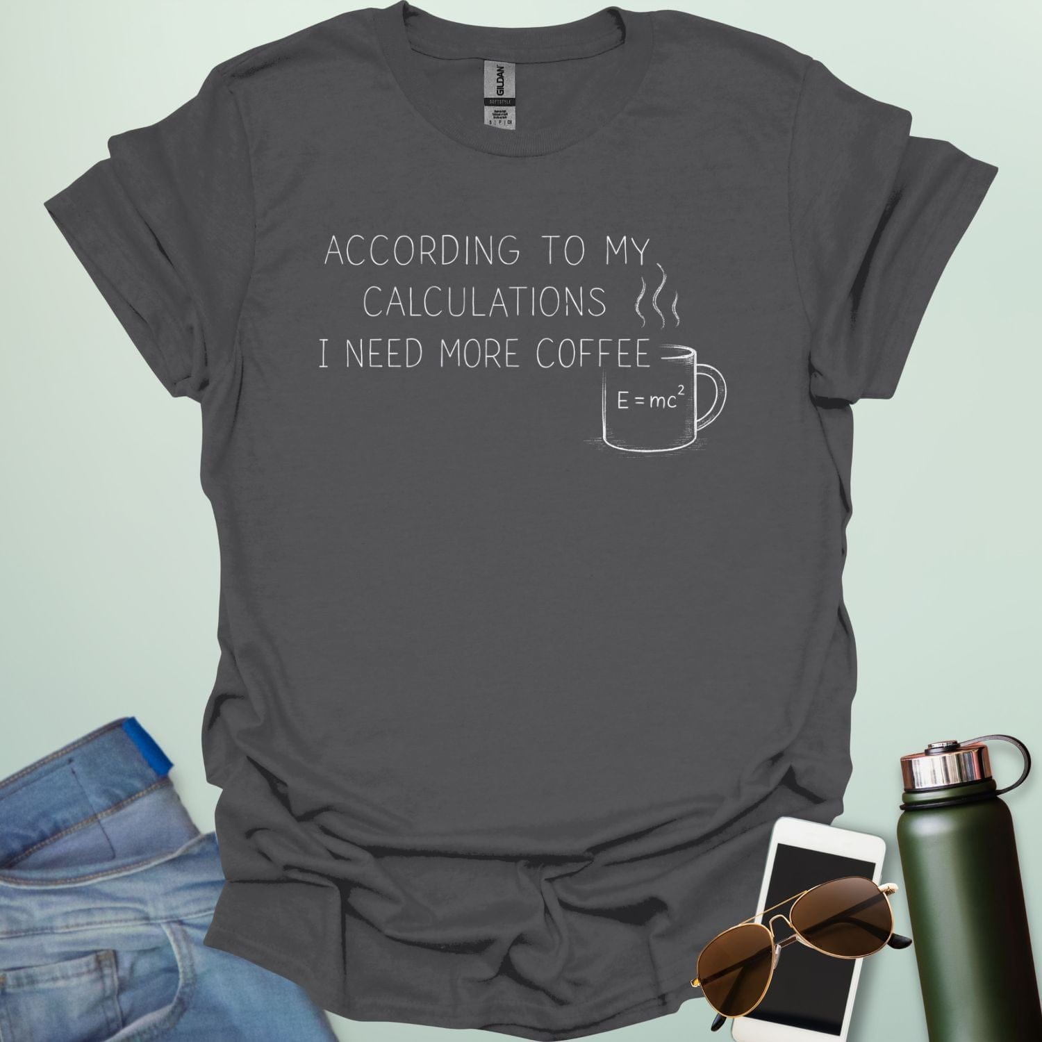 A chalkboard-style design showing complex mathematical formulas and a coffee cup, labeled with the title "CALCULATED COFFEE INTAKE."