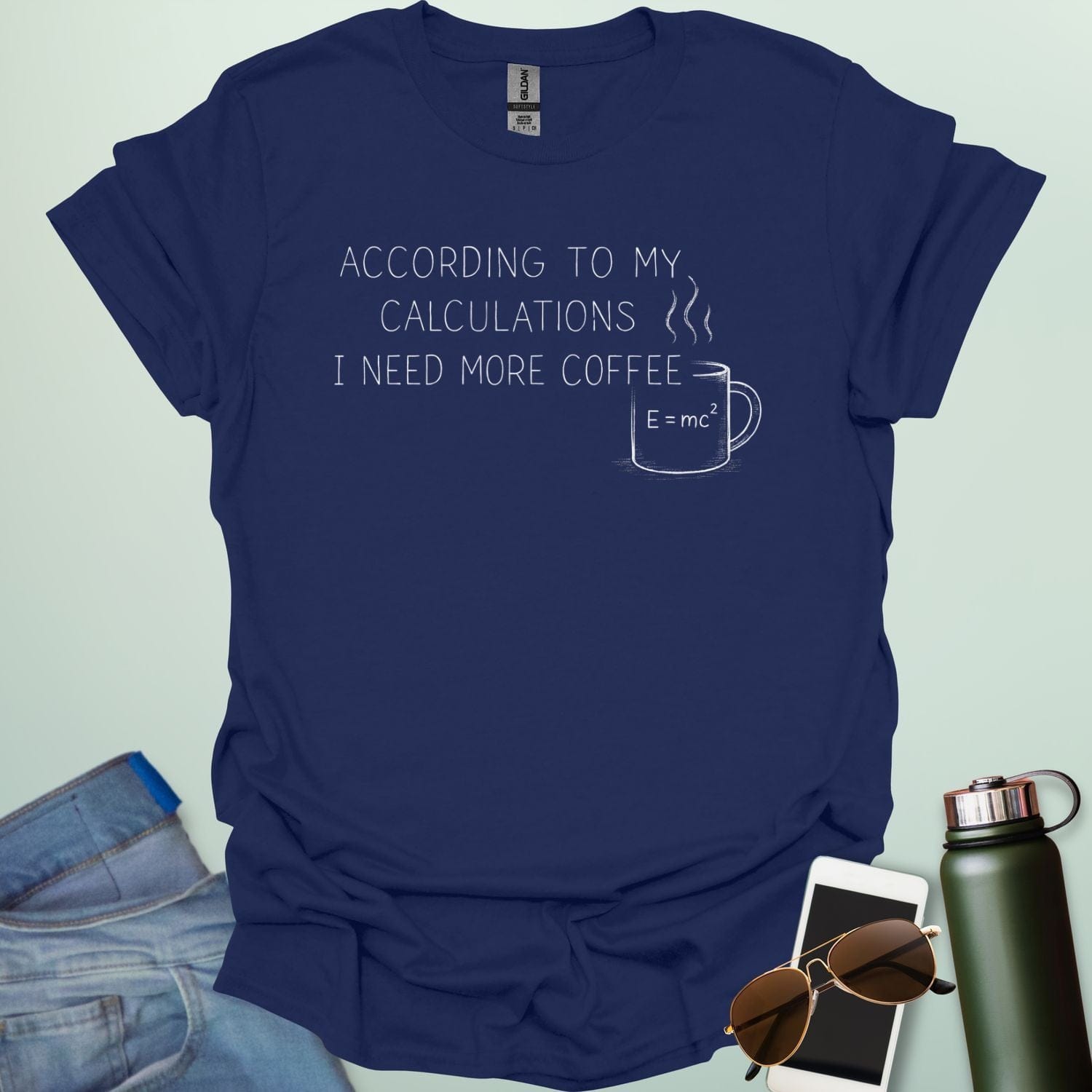 A chalkboard-style design showing complex mathematical formulas and a coffee cup, labeled with the title "CALCULATED COFFEE INTAKE."