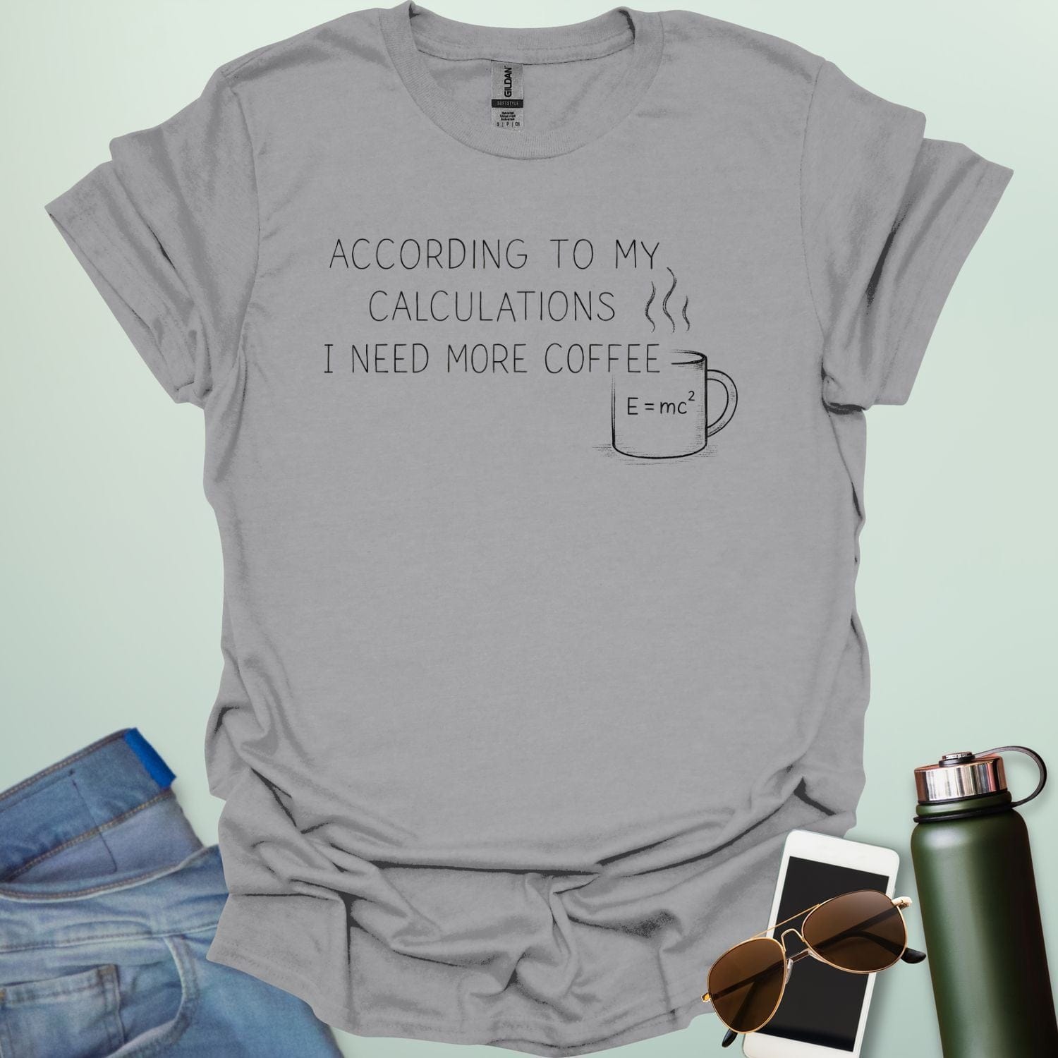A chalkboard-style design showing complex mathematical formulas and a coffee cup, labeled with the title "CALCULATED COFFEE INTAKE."
