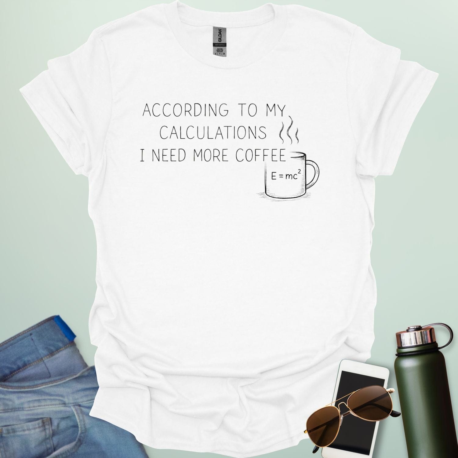 A chalkboard-style design showing complex mathematical formulas and a coffee cup, labeled with the title "CALCULATED COFFEE INTAKE."