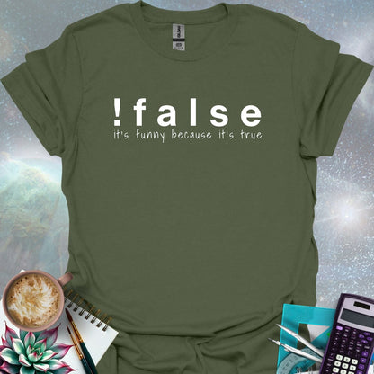 The text '!false' in bold letters, with the tagline 'it's funny because it's true' in smaller letters below.