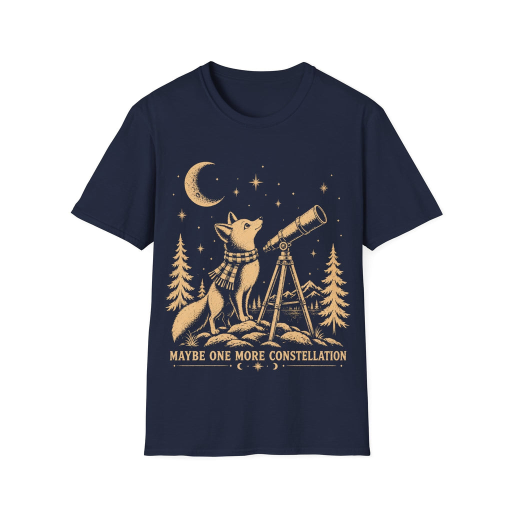 Vintage illustration of a fox wearing a plaid scarf gazing into a brass telescope framed by pine trees, a crescent moon, and text reading 'MAYBE ONE MORE CONSTELLATION'.