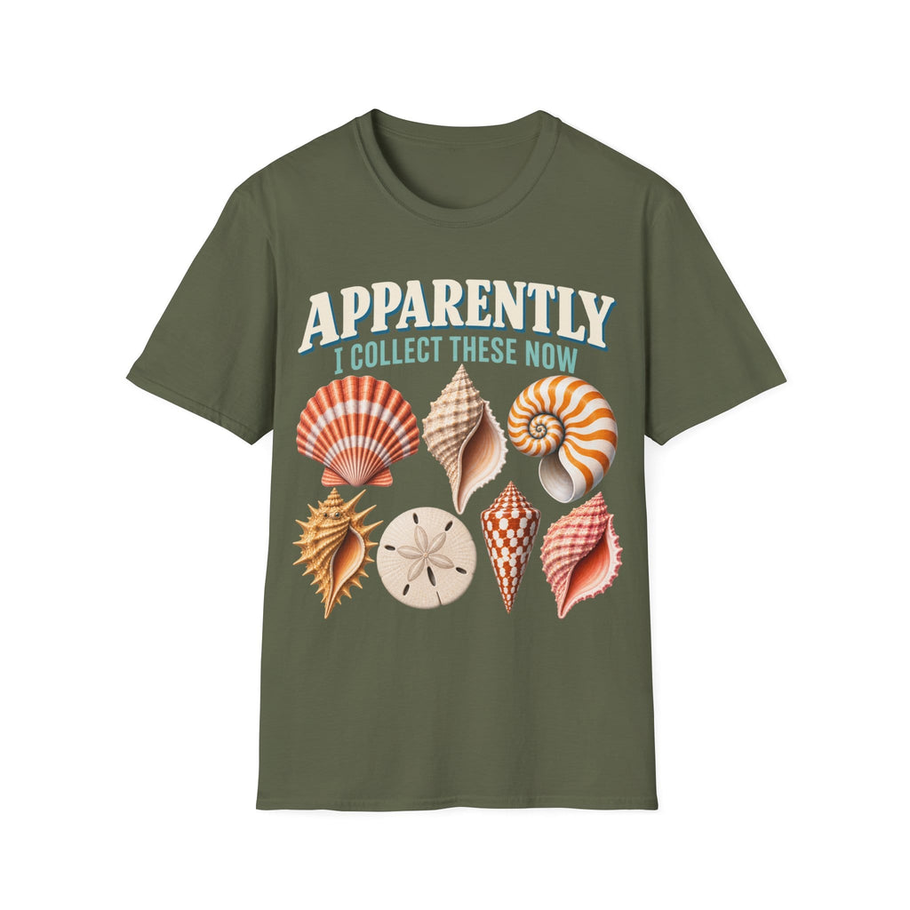 Vintage-style graphic featuring curved retro typography reading 'APPARENTLY I COLLECT THESE NOW' above detailed illustrations of colorful seashells, a nautilus shell, and a sand dollar.