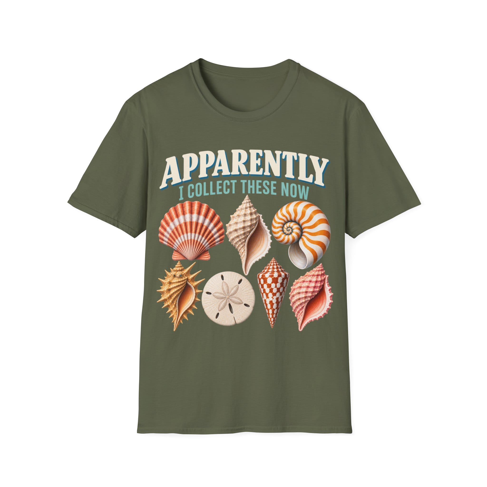 Vintage-style graphic featuring curved retro typography reading 'APPARENTLY I COLLECT THESE NOW' above detailed illustrations of colorful seashells, a nautilus shell, and a sand dollar.