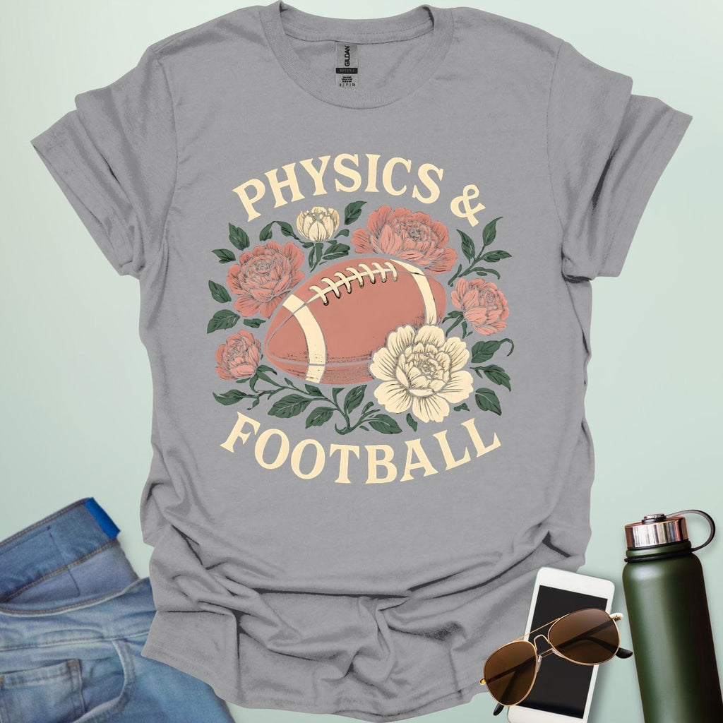 A sport grey t-shirt with a vintage illustration of a football surrounded by flowers and the text 'PHYSICS & FOOTBALL.'