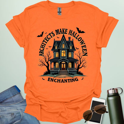 Architects Make Halloween Enchanting t-shirt with architectural motif and spooky / Halloween design elements — tee for architects and creative Halloween lovers.