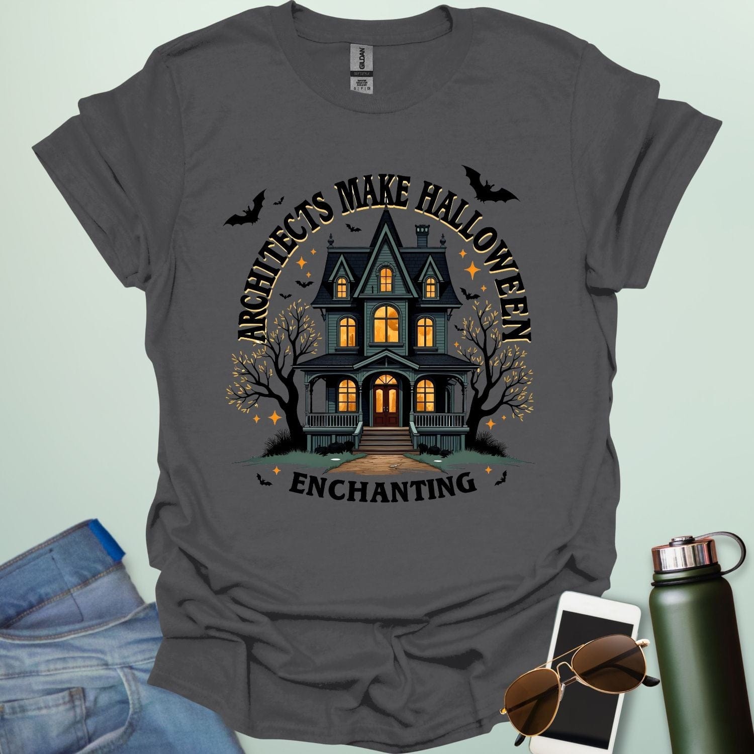 Architects Make Halloween Enchanting t-shirt with architectural motif and spooky / Halloween design elements — tee for architects and creative Halloween lovers.