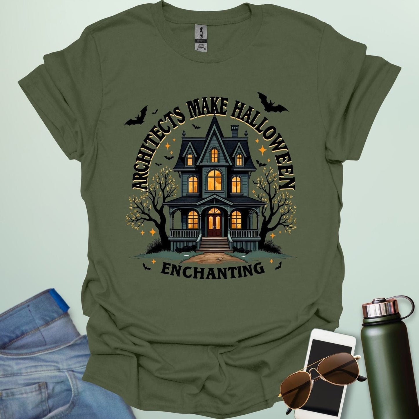 Architects Make Halloween Enchanting t-shirt with architectural motif and spooky / Halloween design elements — tee for architects and creative Halloween lovers.