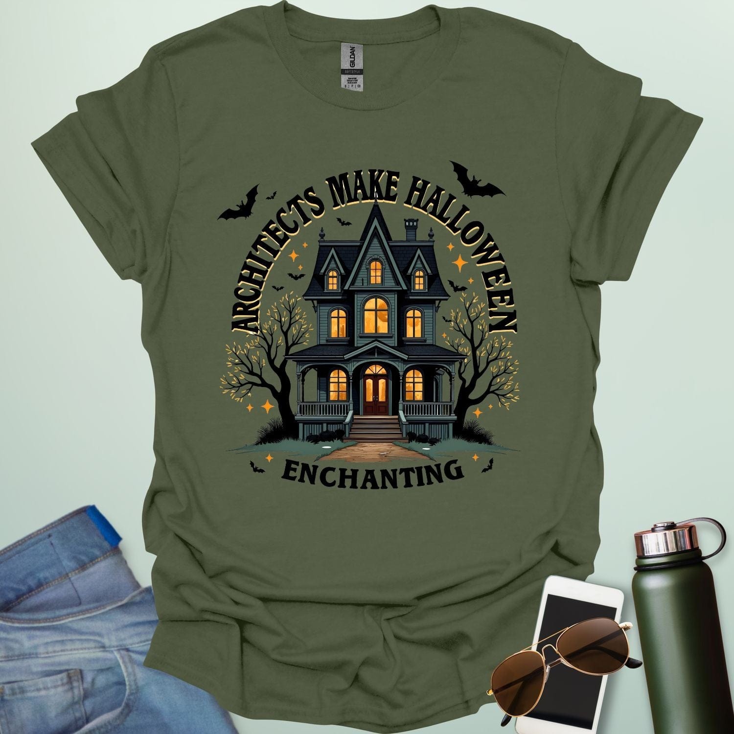 Architects Make Halloween Enchanting t-shirt with architectural motif and spooky / Halloween design elements — tee for architects and creative Halloween lovers.