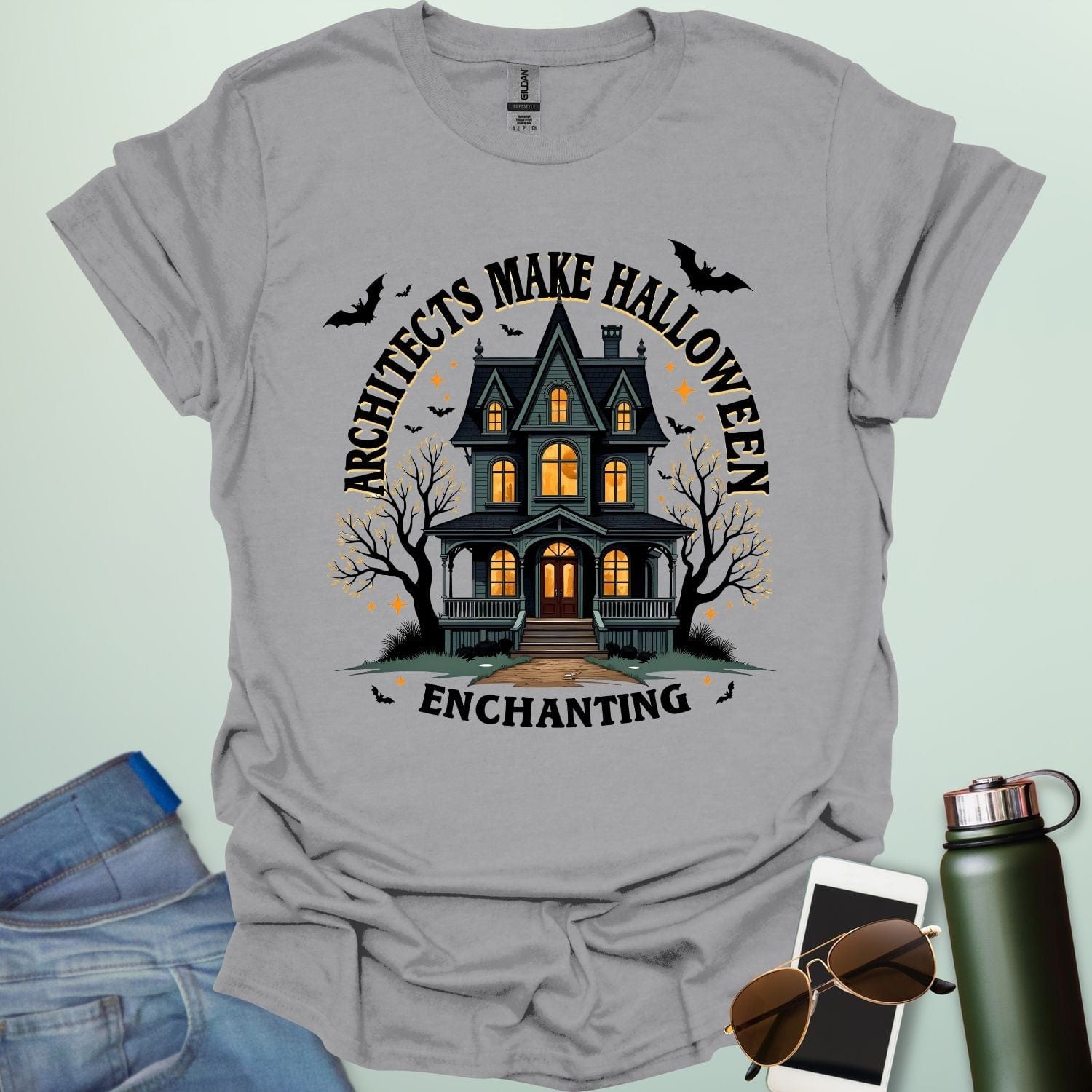 Architects Make Halloween Enchanting t-shirt with architectural motif and spooky / Halloween design elements — tee for architects and creative Halloween lovers.