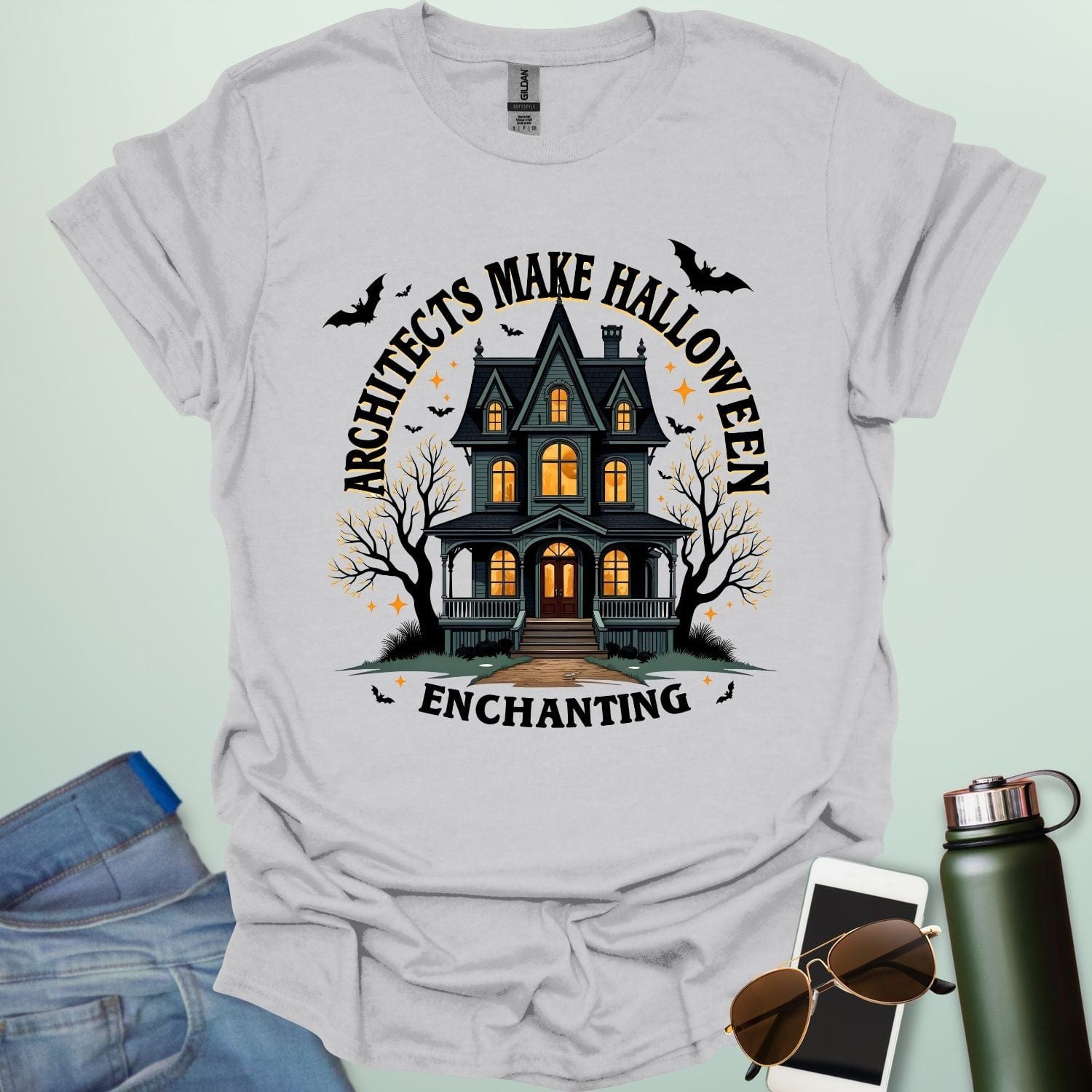 Architects Make Halloween Enchanting t-shirt with architectural motif and spooky / Halloween design elements — tee for architects and creative Halloween lovers.