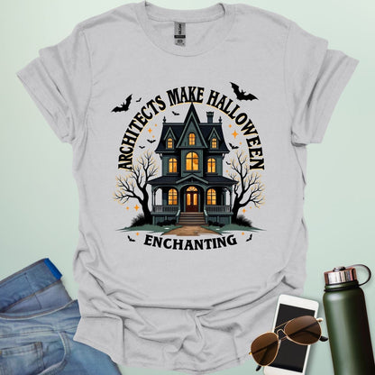 Architects Make Halloween Enchanting t-shirt with architectural motif and spooky / Halloween design elements — tee for architects and creative Halloween lovers.