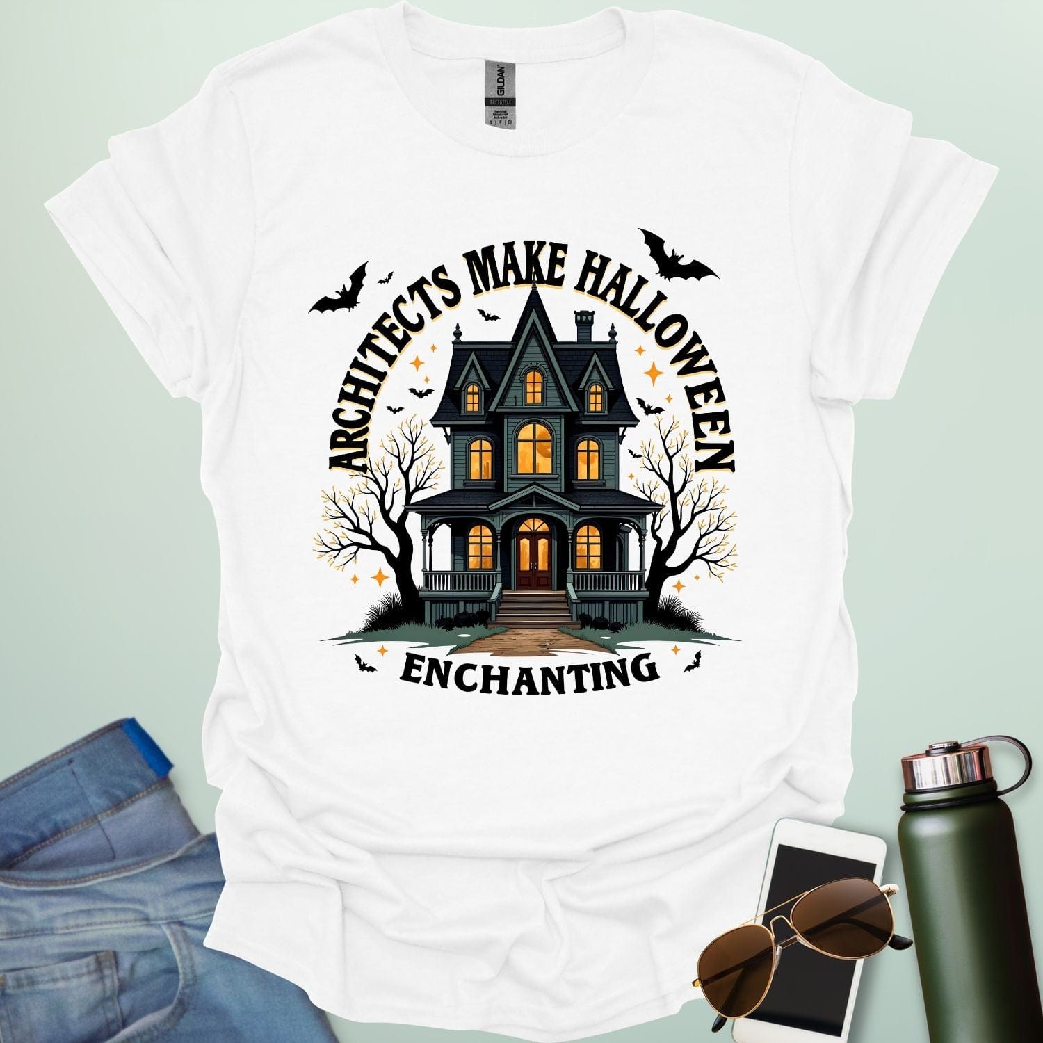 Architects Make Halloween Enchanting t-shirt with architectural motif and spooky / Halloween design elements — tee for architects and creative Halloween lovers.