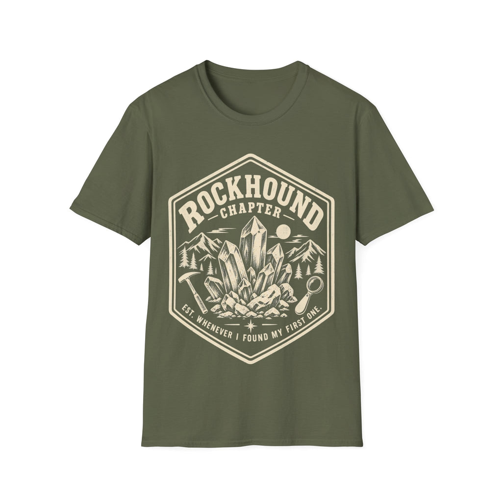 Vintage badge design featuring mineral crystals, a rock hammer, and a magnifying glass framed by mountains, with text reading 'ROCKHOUND CHAPTER - EST. WHENEVER I FOUND MY FIRST ONE.'