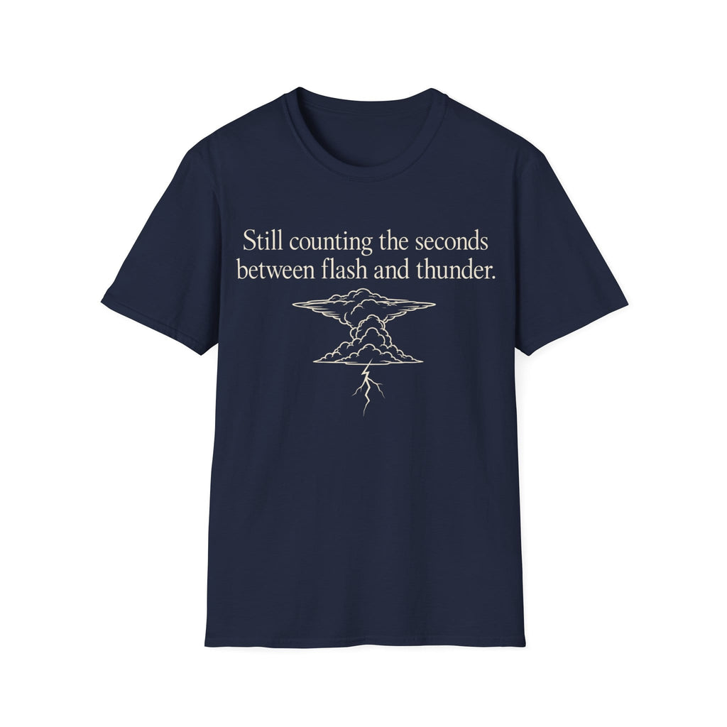 Minimalist serif text reading 'Still counting the seconds between flash and thunder.' positioned above a line art illustration of a storm cloud with a lightning bolt.