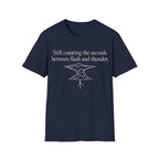 Minimalist serif text reading 'Still counting the seconds between flash and thunder.' positioned above a line art illustration of a storm cloud with a lightning bolt.