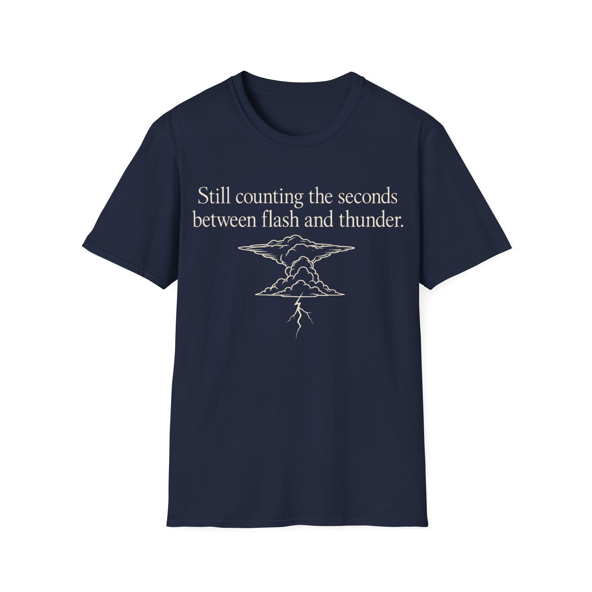 Minimalist serif text reading 'Still counting the seconds between flash and thunder.' positioned above a line art illustration of a storm cloud with a lightning bolt.
