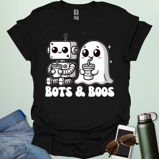 Bots & Boos t-shirt featuring robot/tech imagery with ghostly or spooky accents — a Halloween STEM-robotics design.