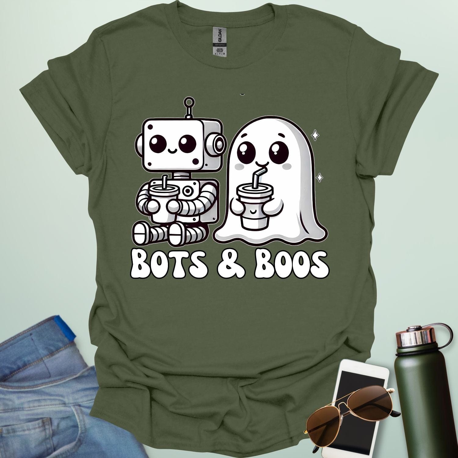 Bots & Boos t-shirt featuring robot/tech imagery with ghostly or spooky accents — a Halloween STEM-robotics design.