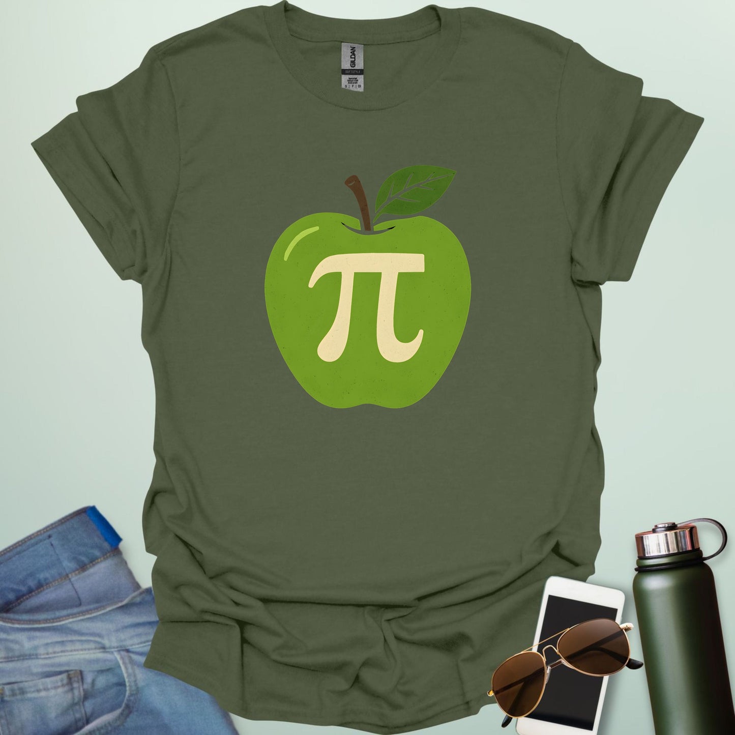 Apple Pi' t-shirt with a green apple graphic and a beige-colored Pi symbol inside.