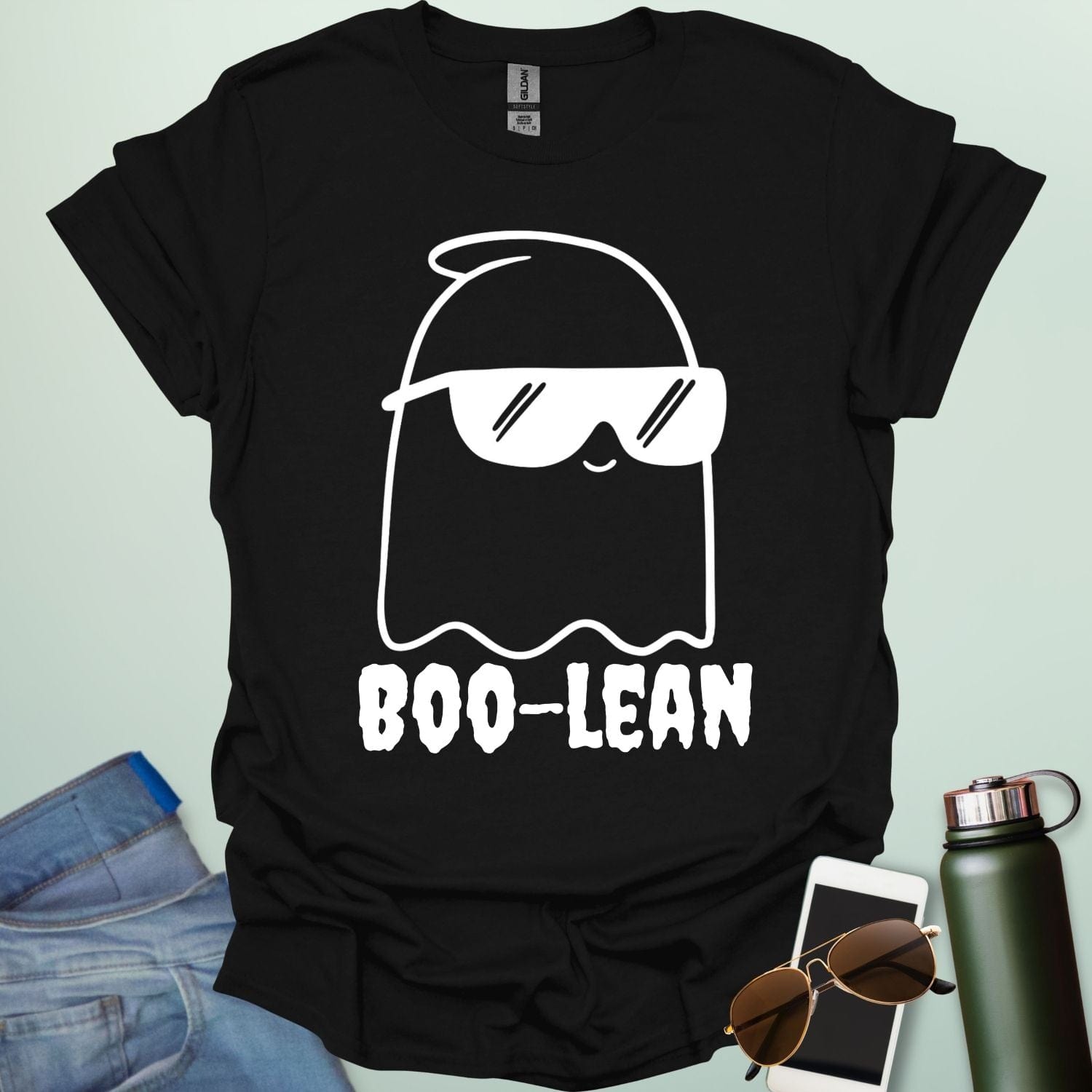 BOO-LEAN t-shirt with Halloween-themed computer programming pun design — Boolean logic meets spooky humor.