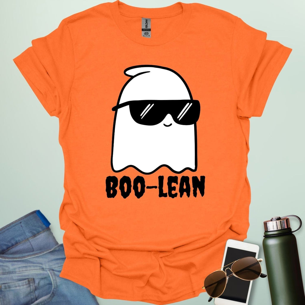 BOO-LEAN t-shirt with Halloween-themed computer programming pun design — Boolean logic meets spooky humor.