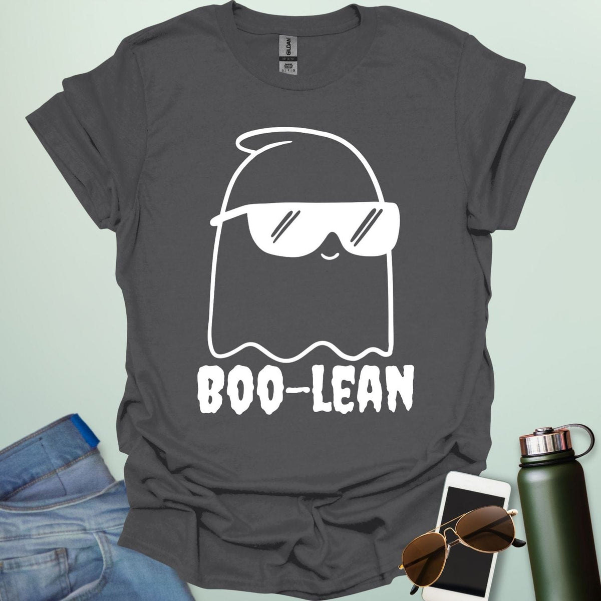 BOO-LEAN t-shirt with Halloween-themed computer programming pun design — Boolean logic meets spooky humor.