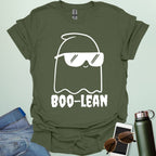 BOO-LEAN t-shirt with Halloween-themed computer programming pun design — Boolean logic meets spooky humor.