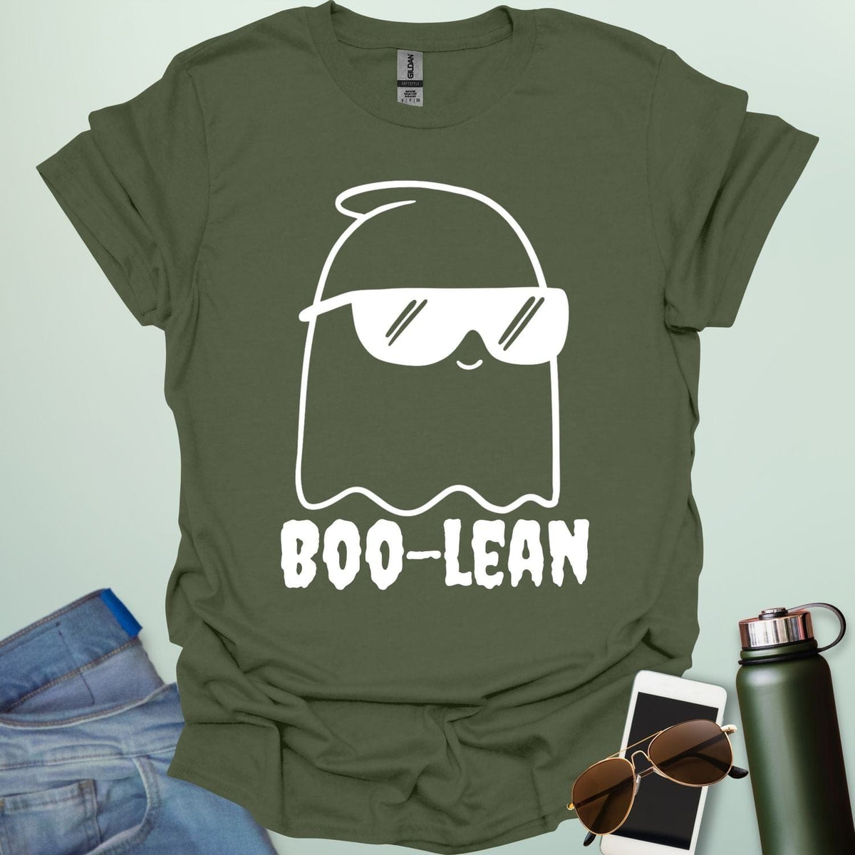 BOO-LEAN t-shirt with Halloween-themed computer programming pun design — Boolean logic meets spooky humor.