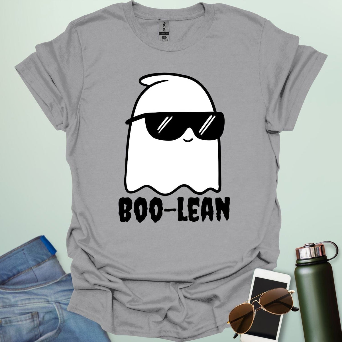 BOO-LEAN t-shirt with Halloween-themed computer programming pun design — Boolean logic meets spooky humor.