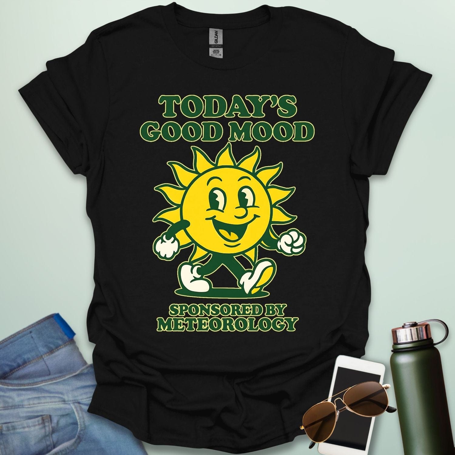 TODAY'S GOOD MOOD Sponsored by Meteorology t-shirt with retro sun graphic, funny weather science shirt for meteorologists.