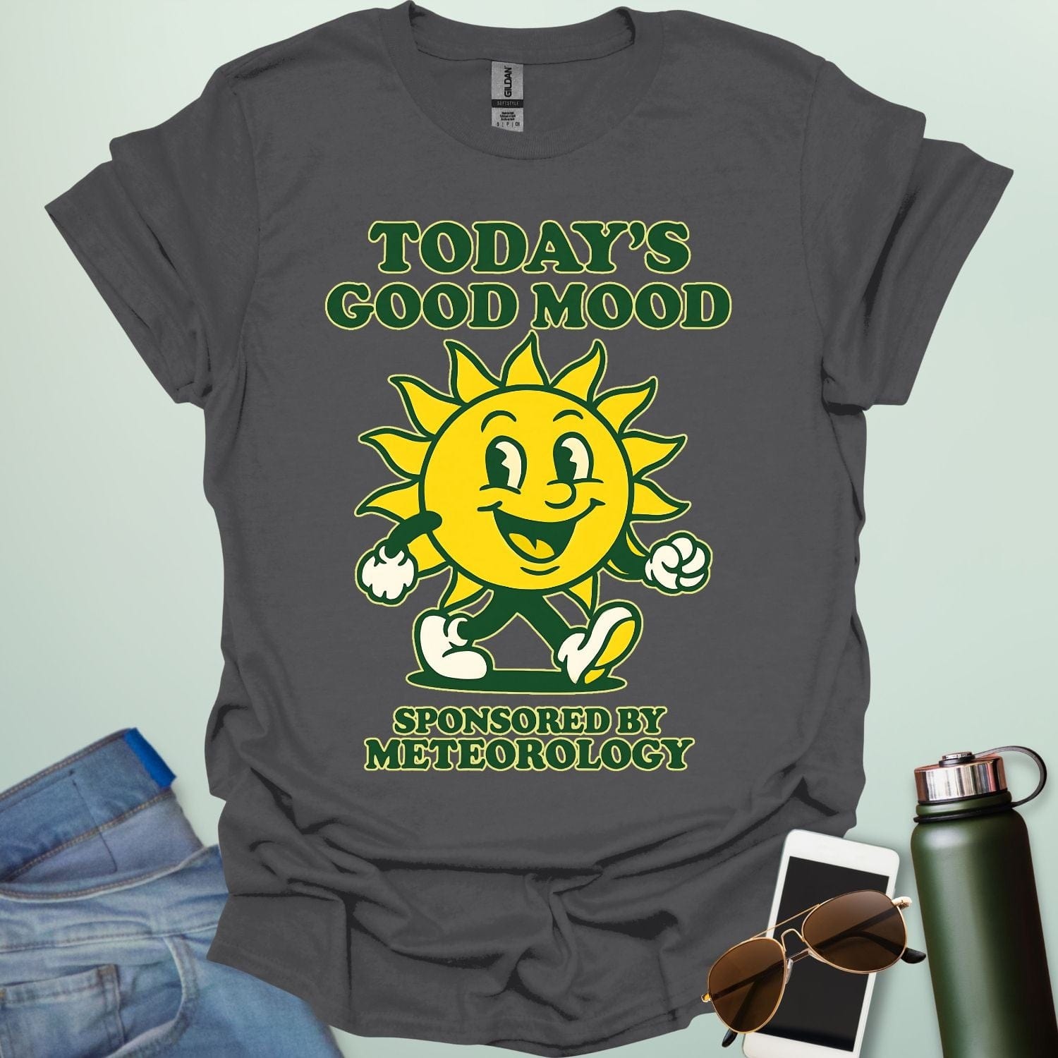 TODAY'S GOOD MOOD Sponsored by Meteorology t-shirt with retro sun graphic, funny weather science shirt for meteorologists.