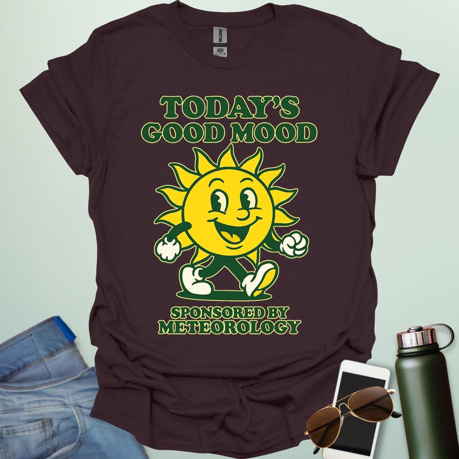 TODAY'S GOOD MOOD Sponsored by Meteorology t-shirt with retro sun graphic, funny weather science shirt for meteorologists.