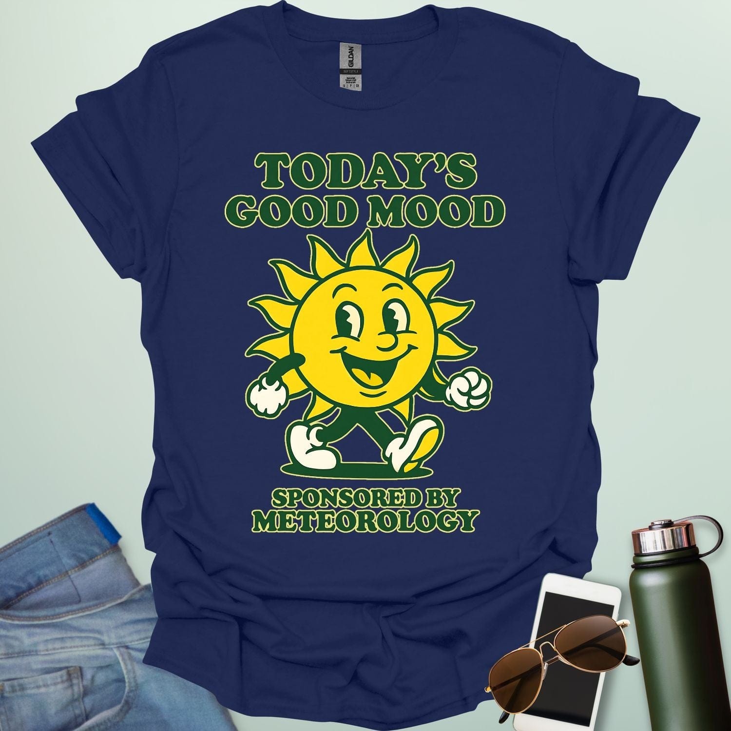 TODAY'S GOOD MOOD Sponsored by Meteorology t-shirt with retro sun graphic, funny weather science shirt for meteorologists.