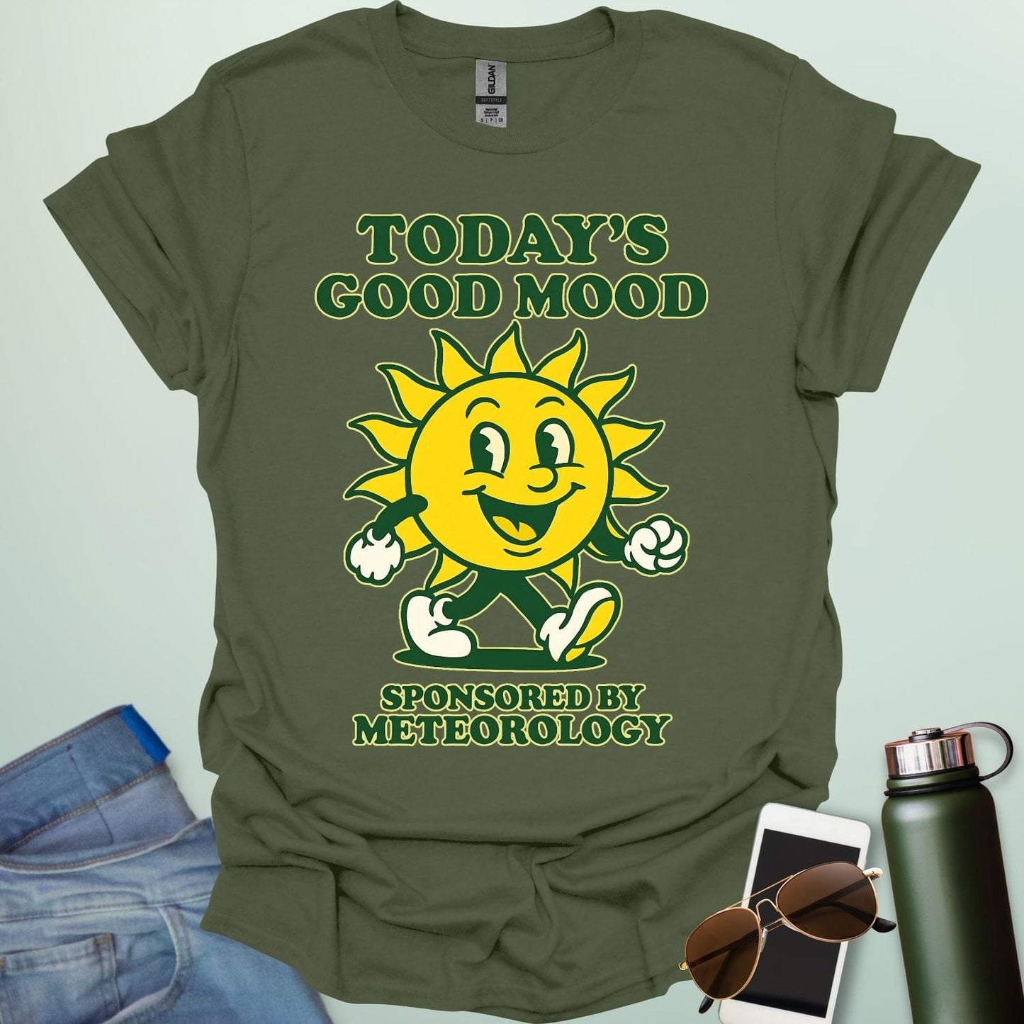 TODAY'S GOOD MOOD Sponsored by Meteorology t-shirt with retro sun graphic, funny weather science shirt for meteorologists.
