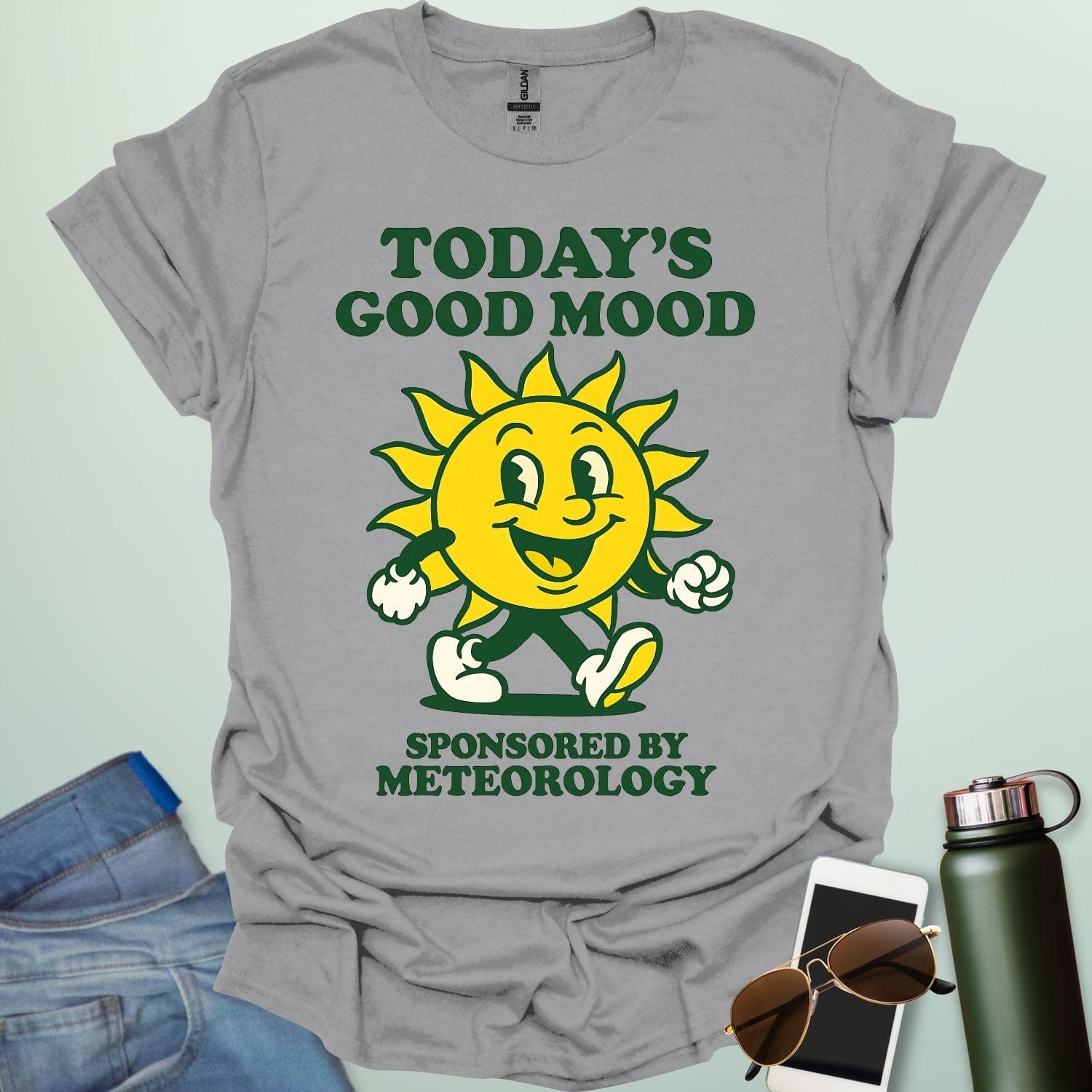 TODAY'S GOOD MOOD Sponsored by Meteorology t-shirt with retro sun graphic, funny weather science shirt for meteorologists.
