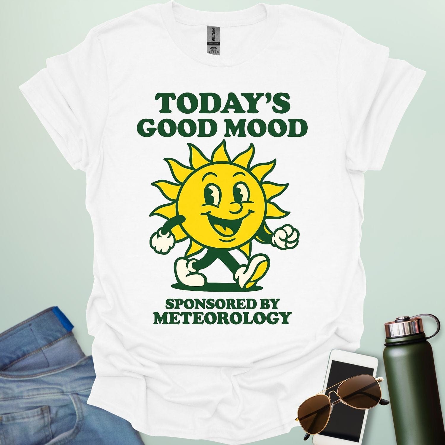 TODAY'S GOOD MOOD Sponsored by Meteorology t-shirt with retro sun graphic, funny weather science shirt for meteorologists.