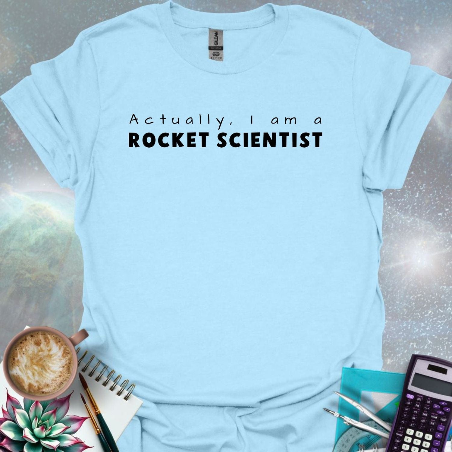 The text 'Actually, I Am A Rocket Scientist' in a bold font.