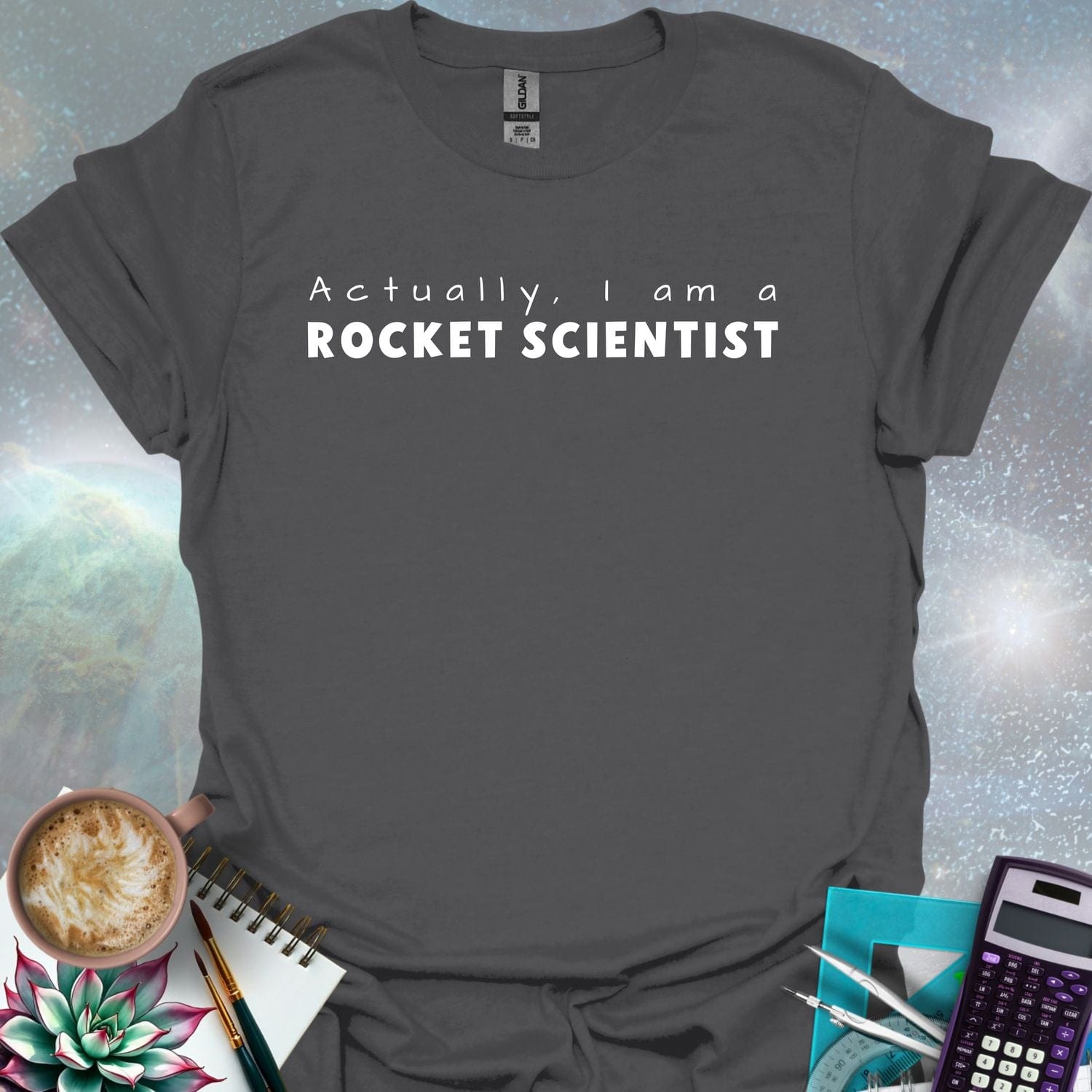 The text 'Actually, I Am A Rocket Scientist' in a bold font.
