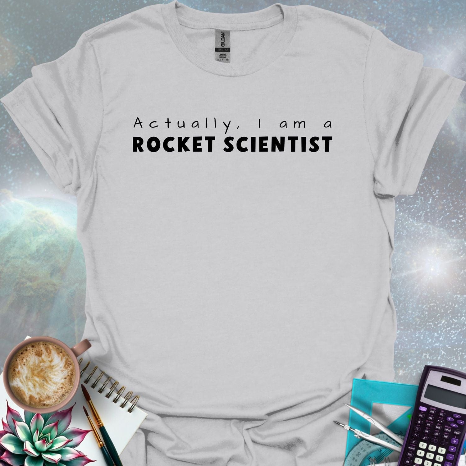 The text 'Actually, I Am A Rocket Scientist' in a bold font.