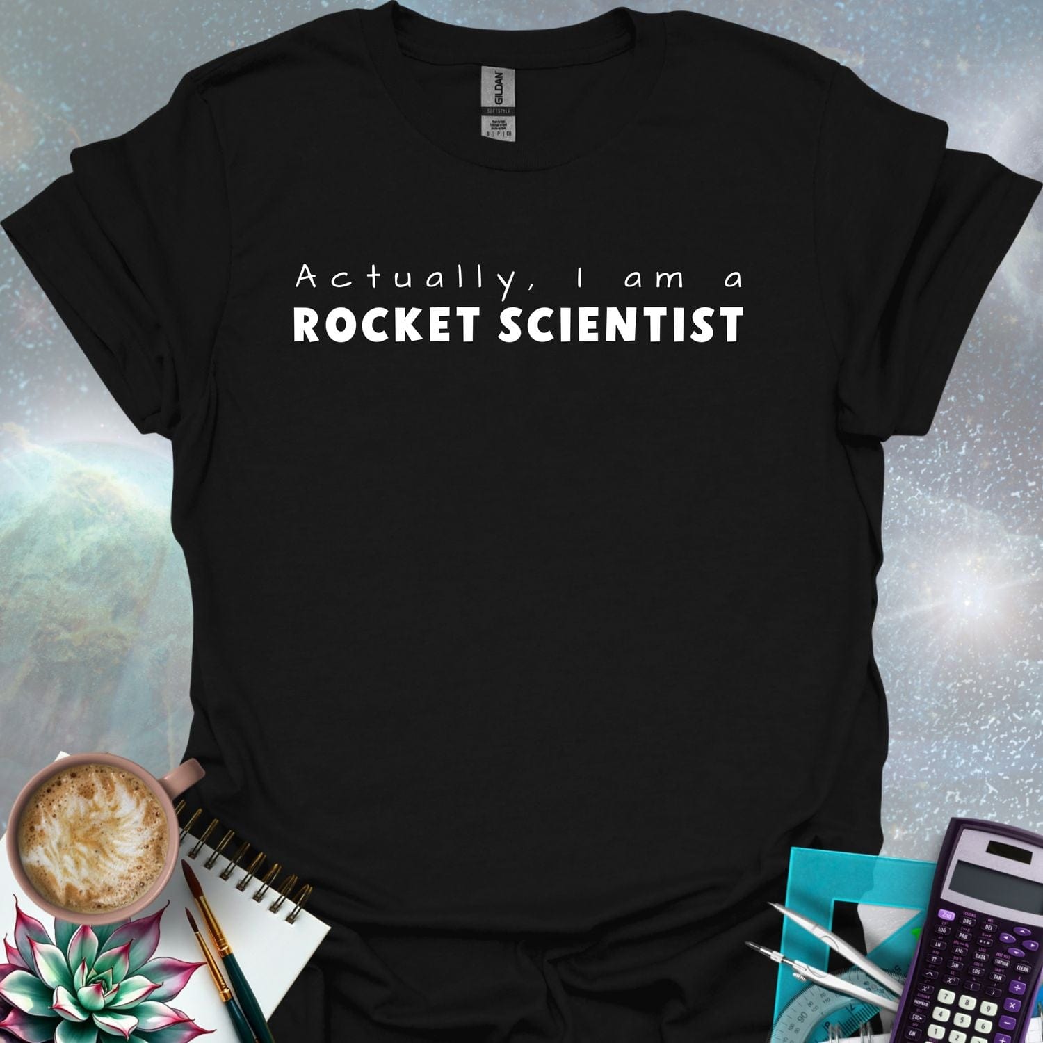 The text 'Actually, I Am A Rocket Scientist' in a bold font.