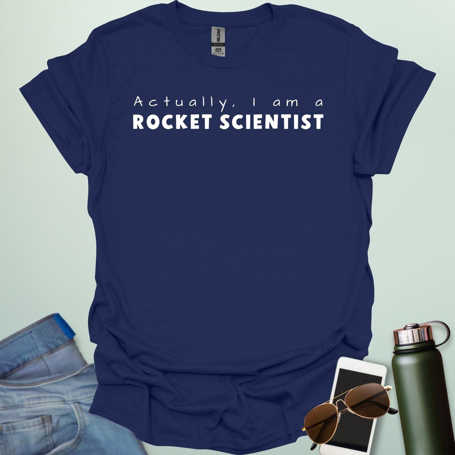 Actually, I Am a Rocket Scientist t-shirt with bold text and rocket icon — a science engineering shirt for space lovers and STEM professionals.