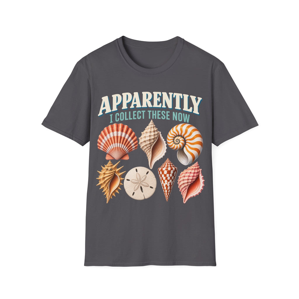 Vintage-style graphic featuring curved retro typography reading 'APPARENTLY I COLLECT THESE NOW' above detailed illustrations of colorful seashells, a nautilus shell, and a sand dollar.