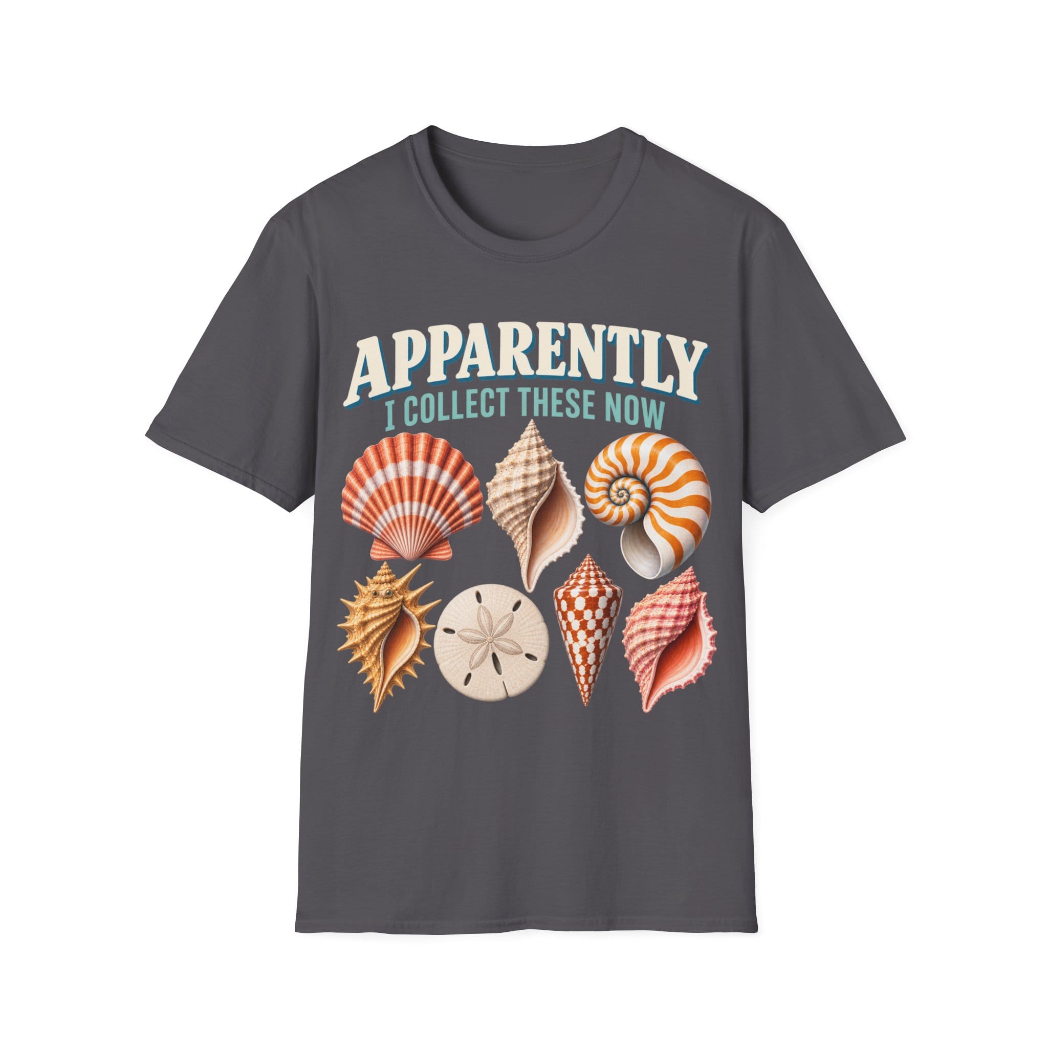 Vintage-style graphic featuring curved retro typography reading 'APPARENTLY I COLLECT THESE NOW' above detailed illustrations of colorful seashells, a nautilus shell, and a sand dollar.